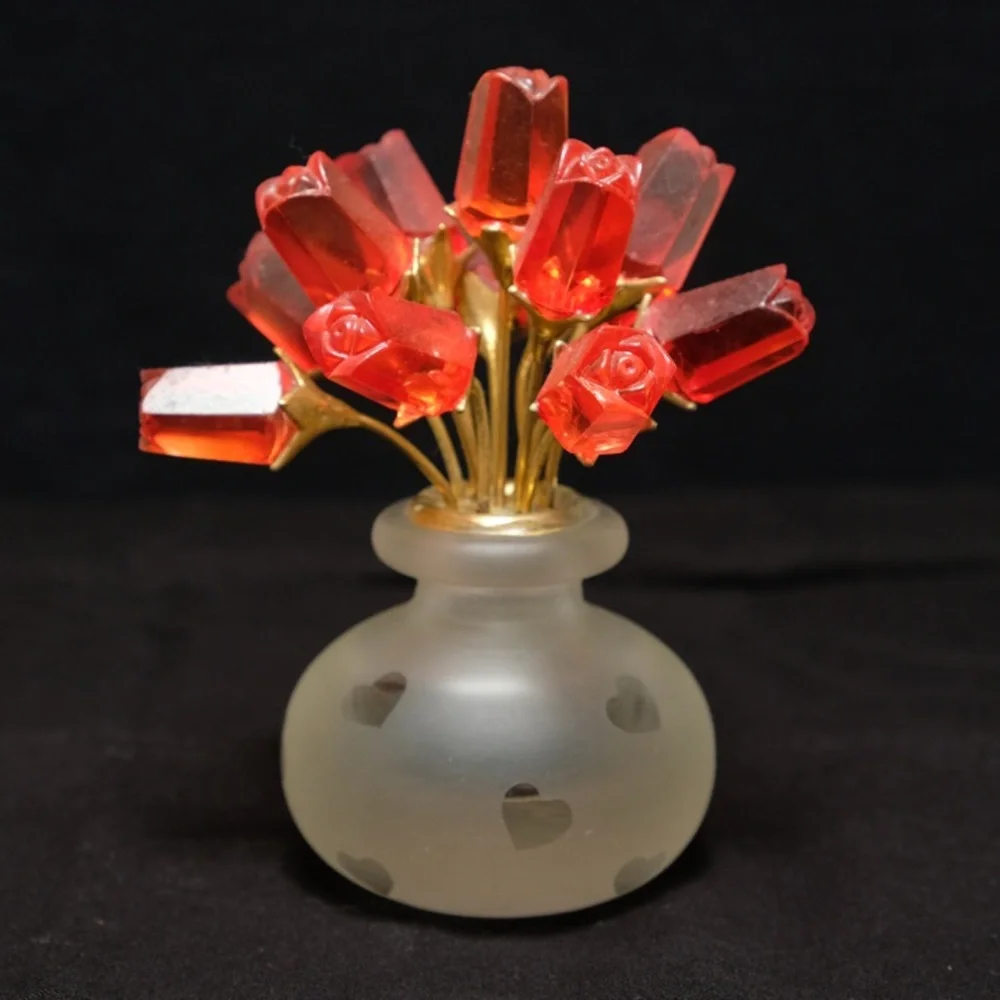 Frosted Art Crystal Glass Vase and Lucite Rose Brass Stem Bouquet Paperweight - Picture 1 of 5